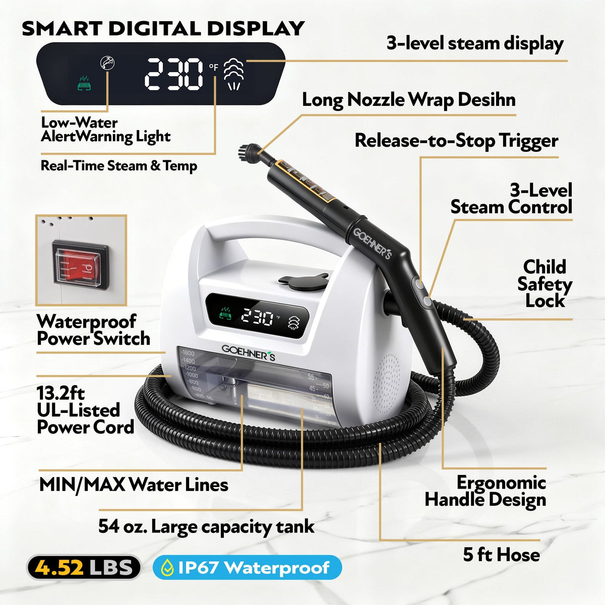 Handheld Steam Cleaner for Kitchen Grease, Range Hood & Stovetop — 230°F Dry Steam (Pearl White)