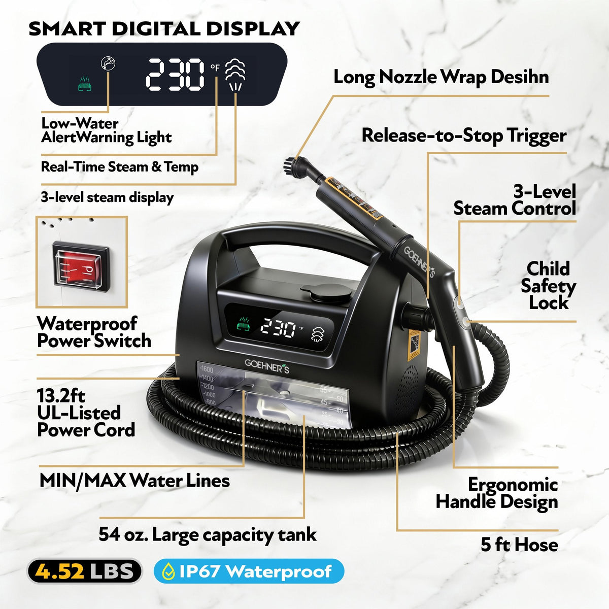 Handheld Steam Cleaner for Kitchen Grease, Range Hood & Stovetop — 230°F Dry Steam (Slate Black)