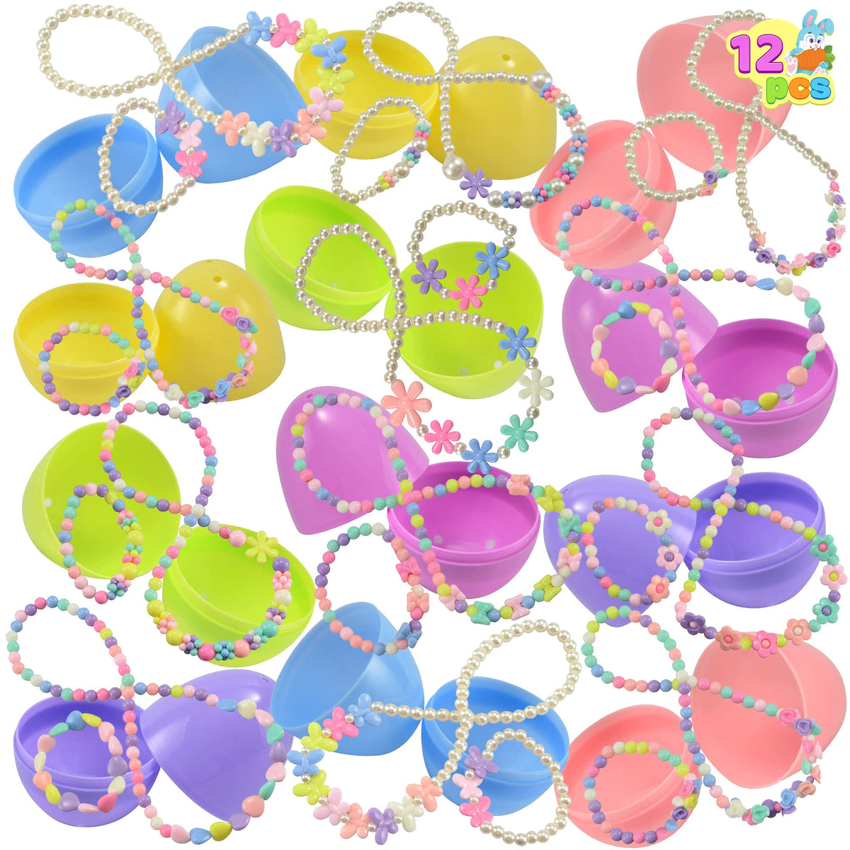12 Pack Prefilled Easter Eggs with Jewelry Toys for Kids Party Favors & Classroom Prizes