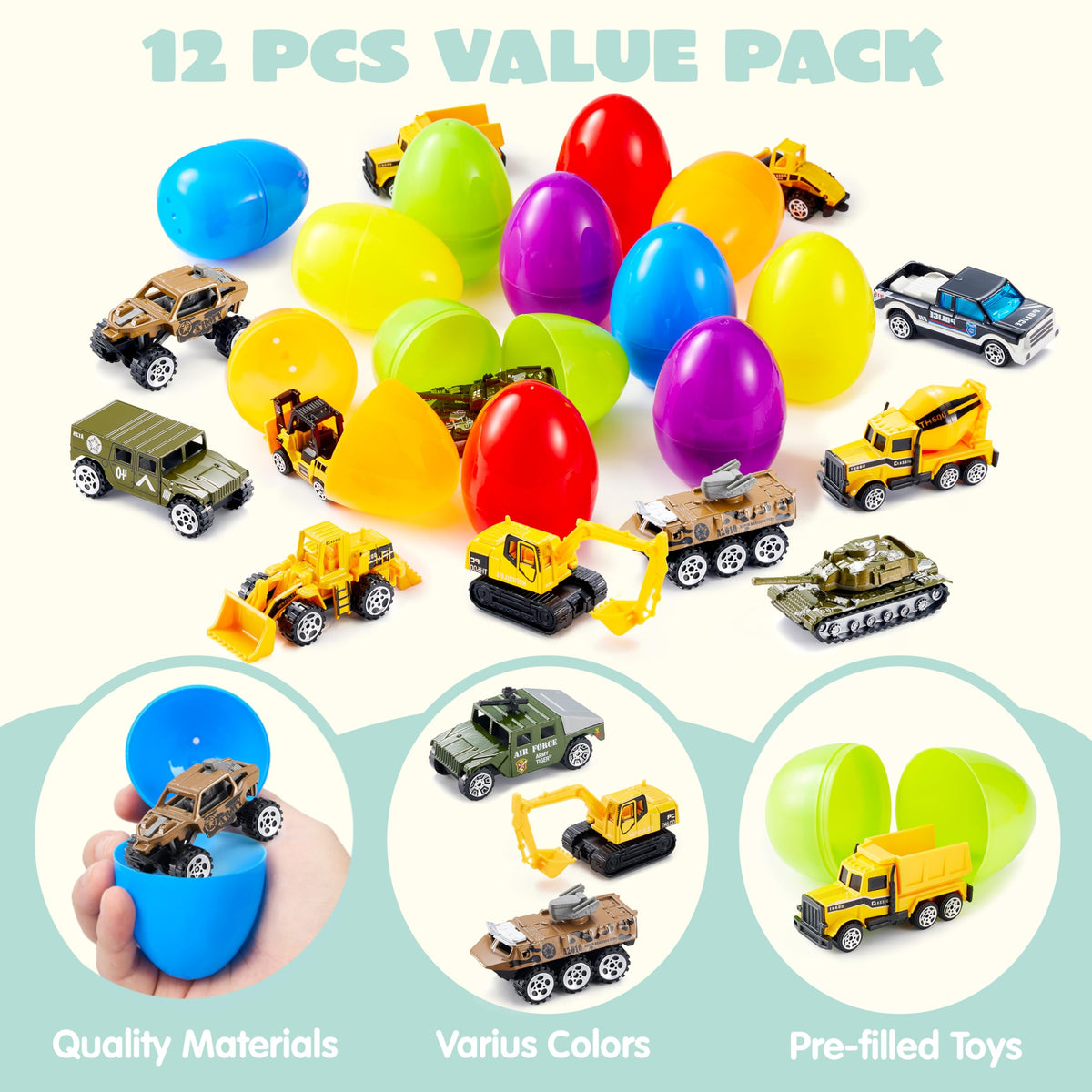 12Pcs Easter Eggs Prefilled with Die-cast Vehicles For Kids Easter Hunt Party Favors