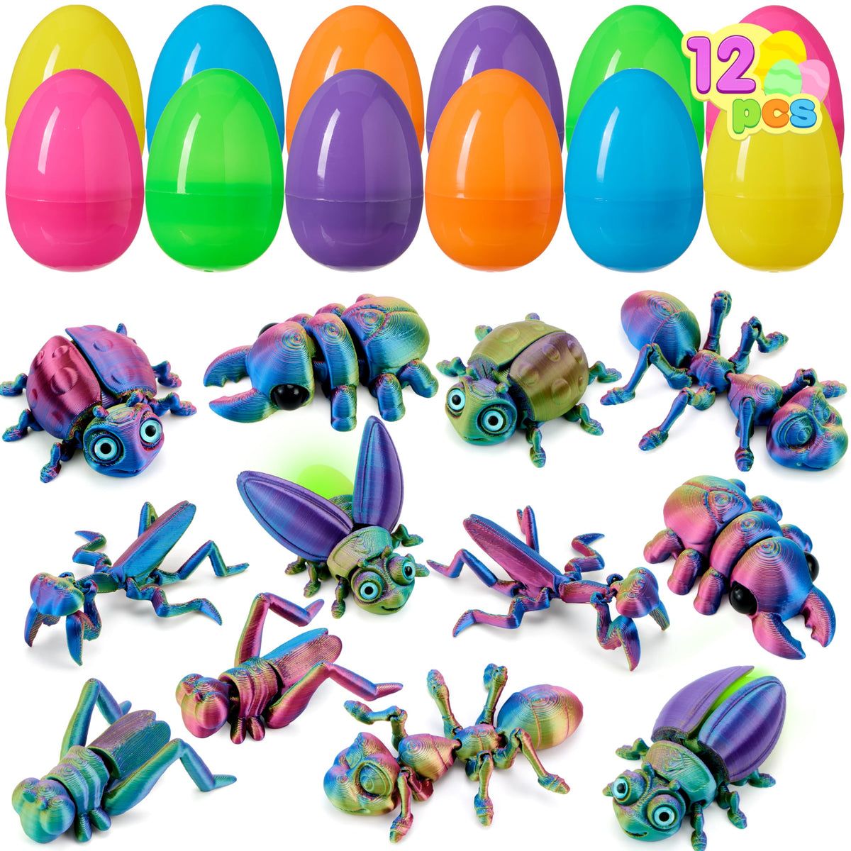 12 Pcs Prefilled Easter Eggs with 3D Printed Insects Toys