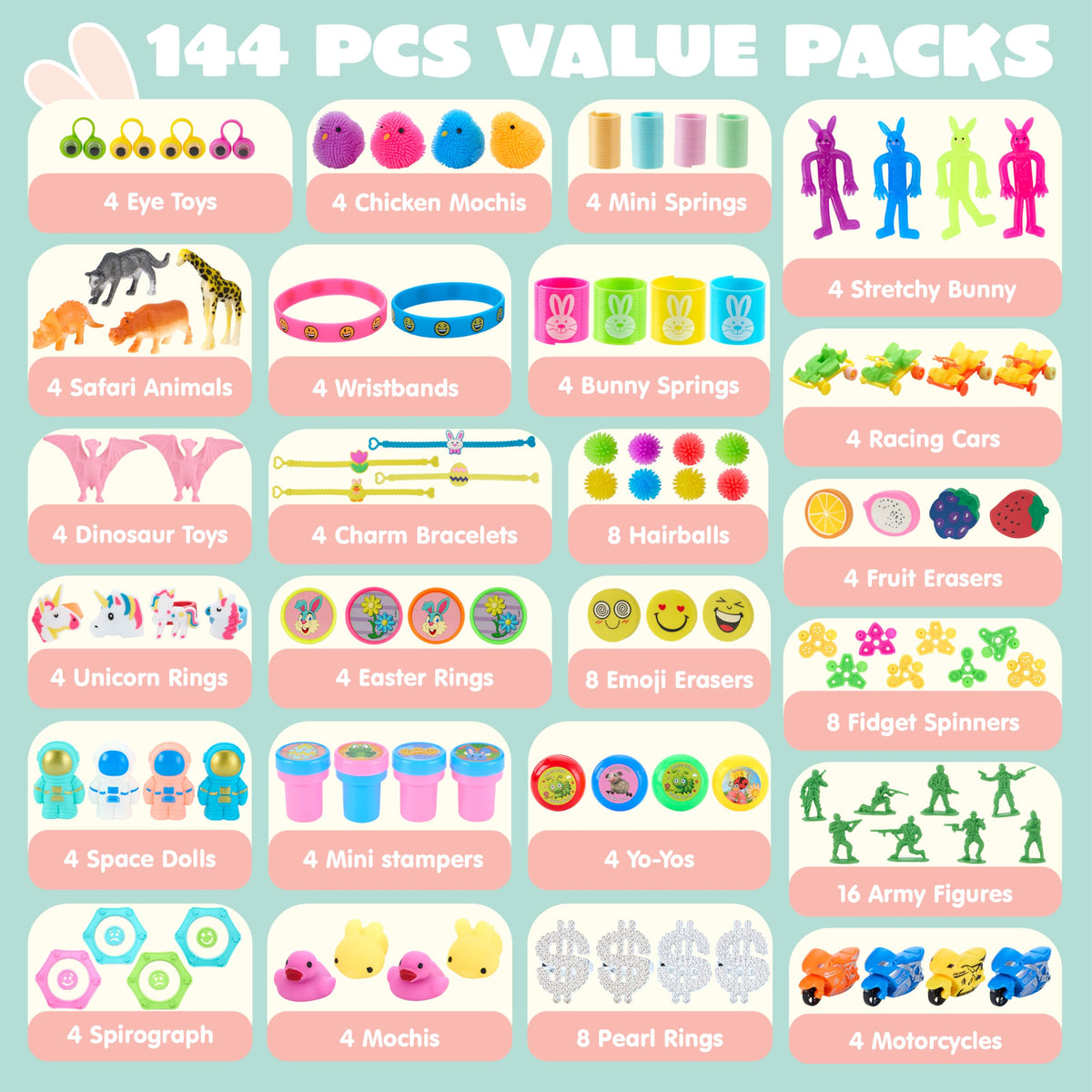 144 Pcs Prefilled Easter Eggs with Toys & Stickers for Egg Hunt, Party Favors & Classroom Prizes