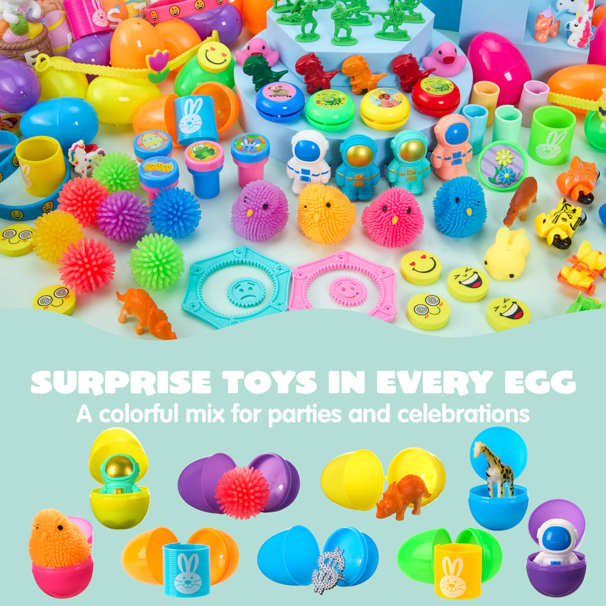 144 Pcs Prefilled Easter Eggs with Toys & Stickers for Egg Hunt, Party Favors & Classroom Prizes