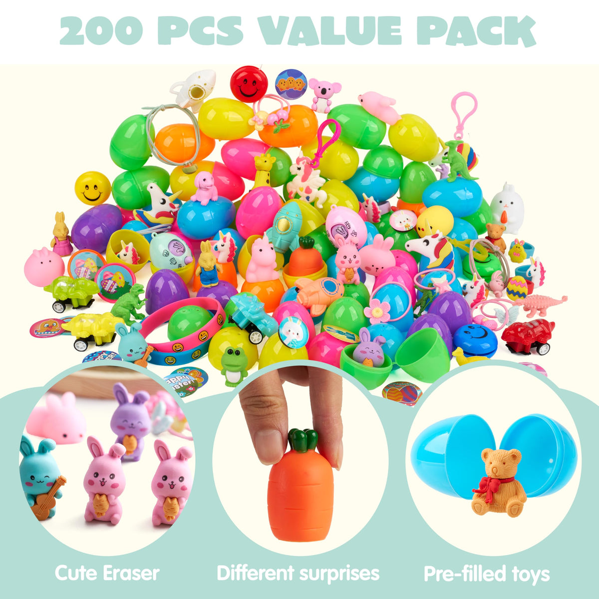 200 Pcs Prefilled Easter Eggs with Toys & Stickers, Easter Party Favors for Kids