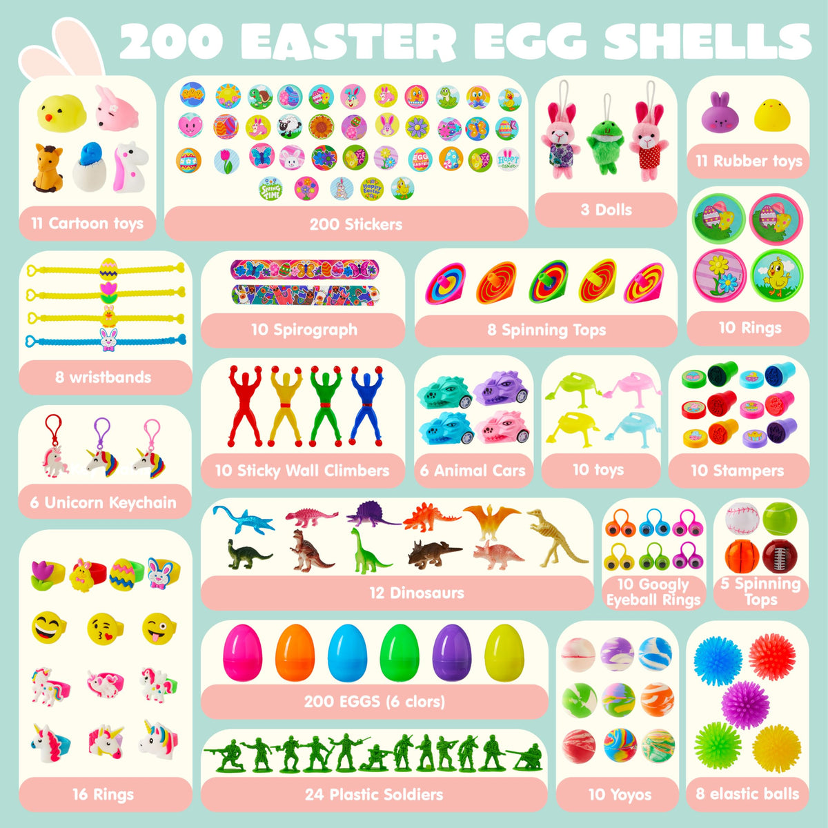 200 Pcs Prefilled Easter Eggs with Toys & Stickers, Easter Party Favors for Kids