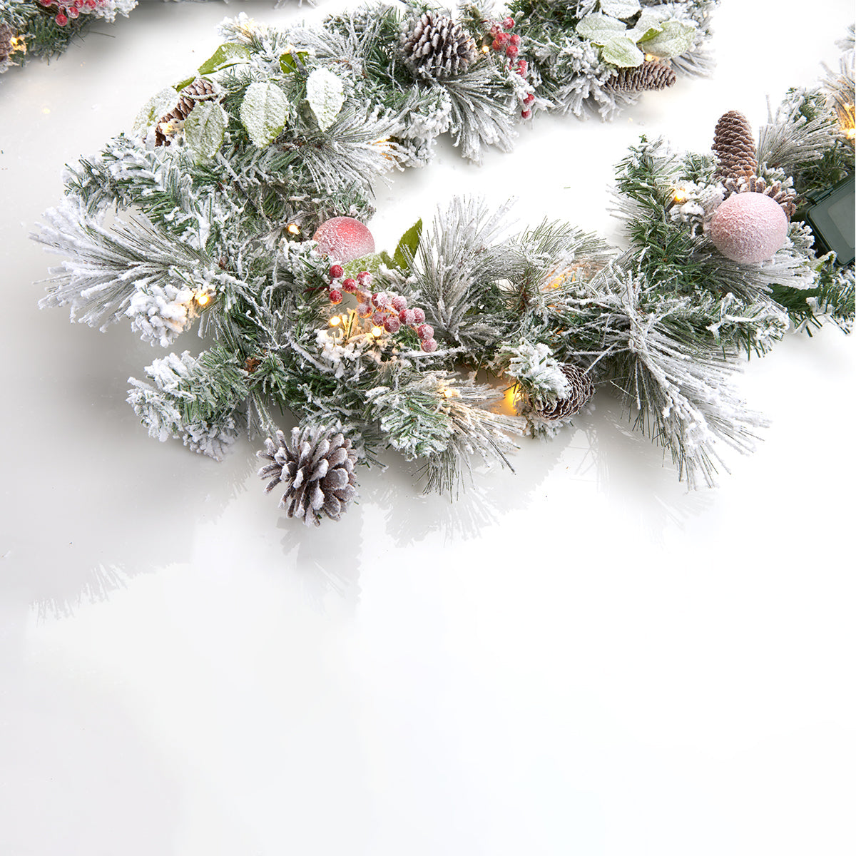 White Flocked 9-Ft. Cordless Pre-Lit Indoor/Outdoor Garland