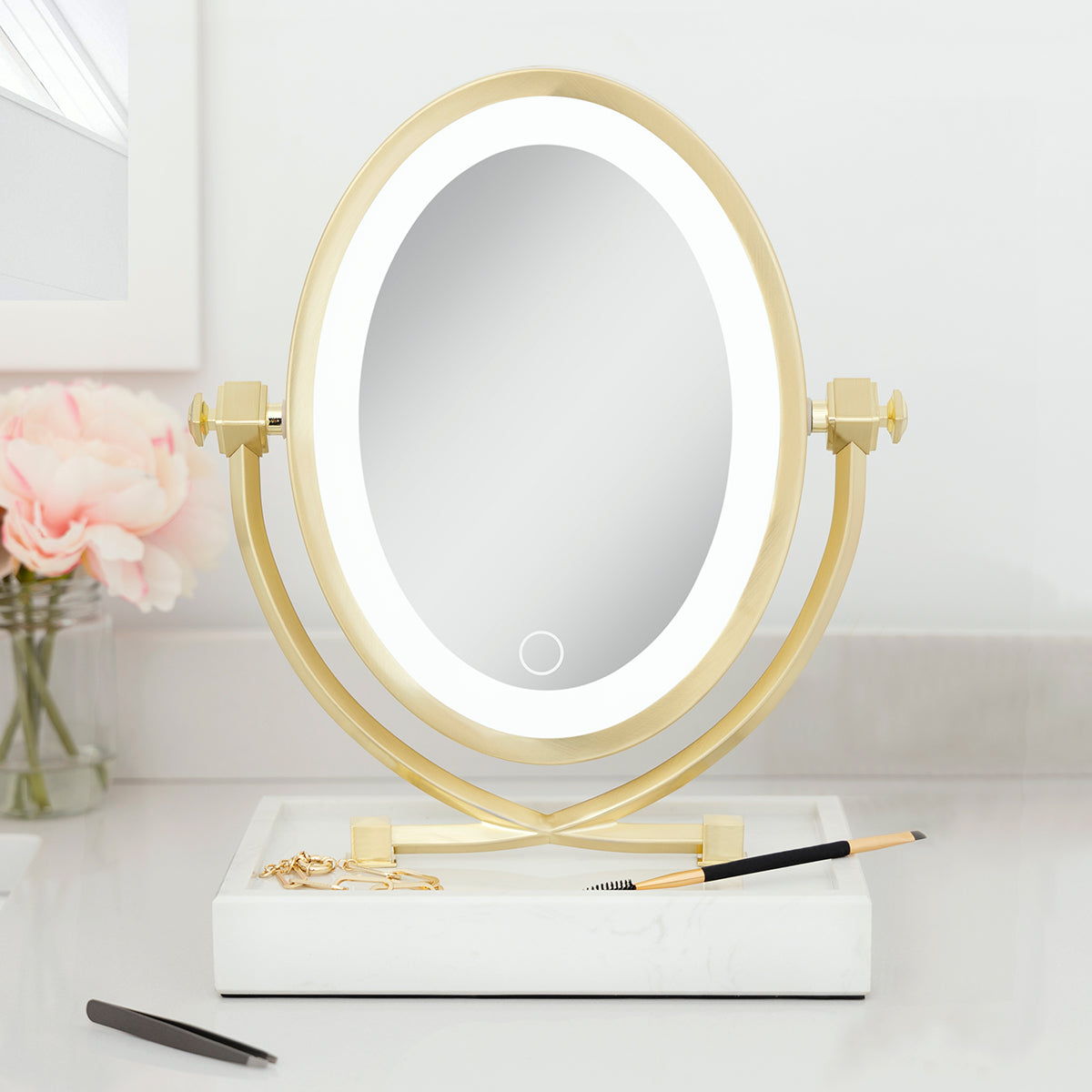 Lighted Oval Vanity Mirror with Marble Tray