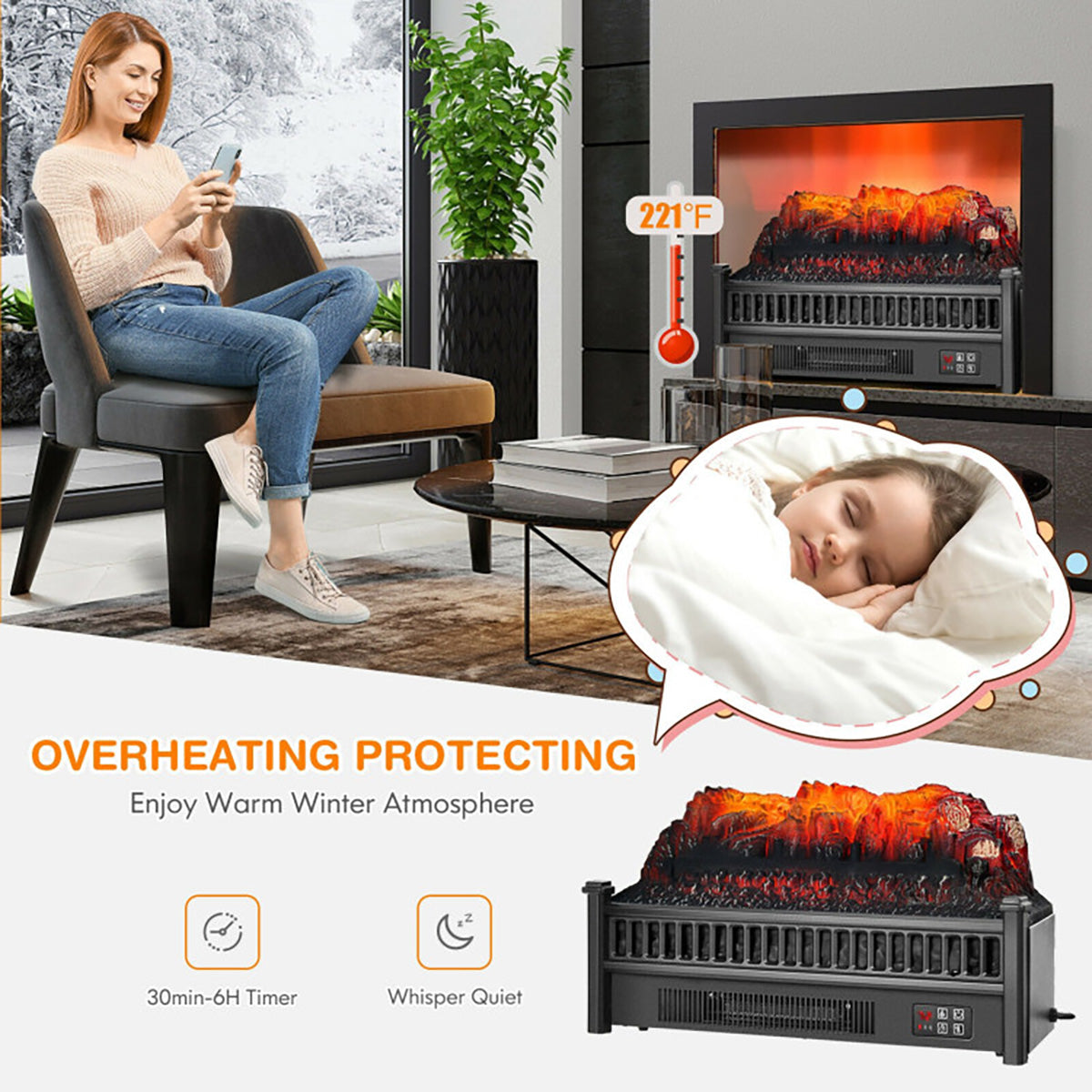 Electric Fireplace Log Set Heater