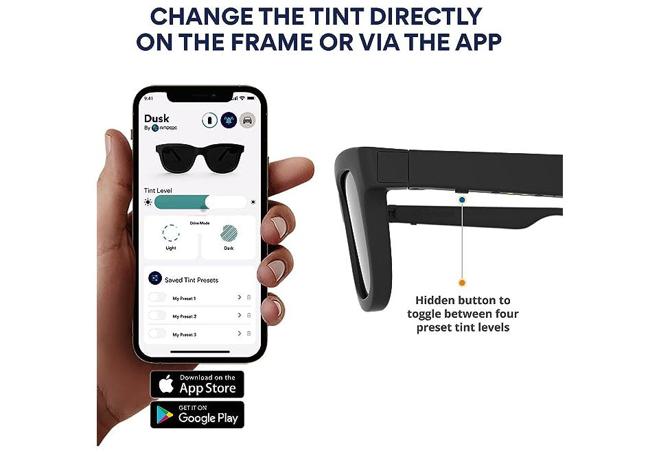 App-Enabled Tint Changing Smart Sunglasses with Audio