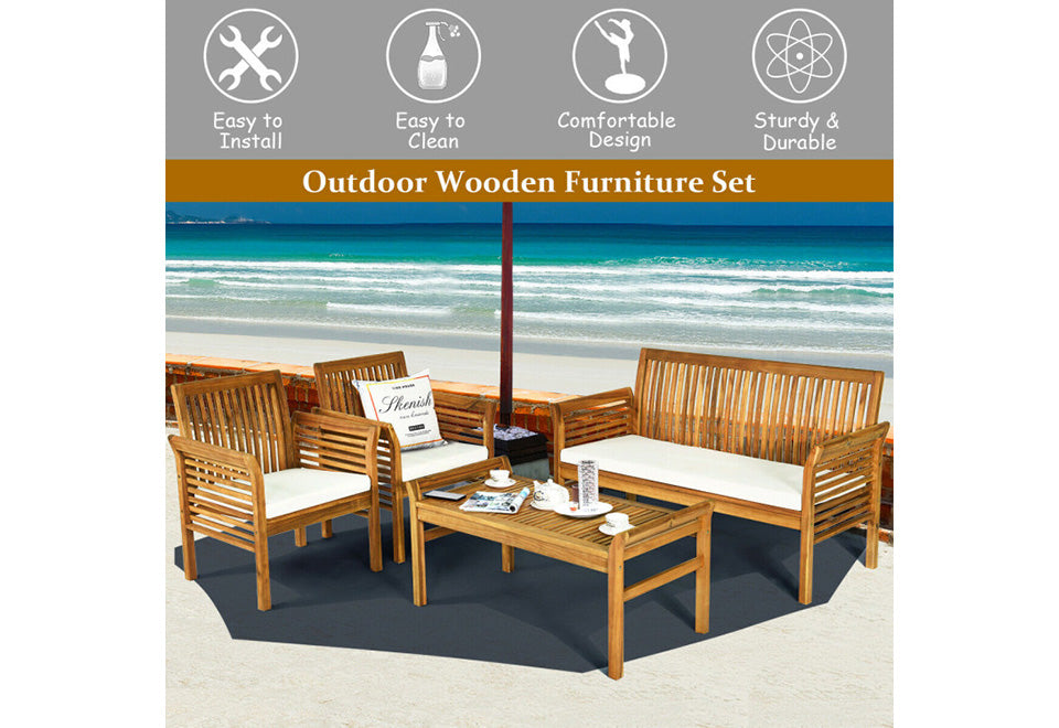 4-Piece Outdoor Acacia Wood Sofa Furniture Set