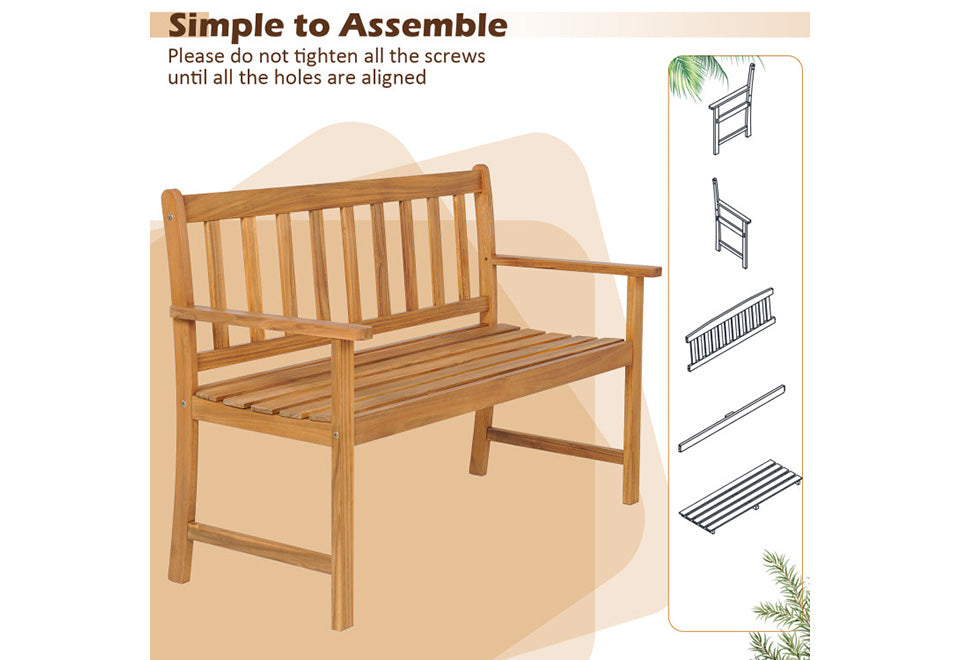 2-Person Outdoor Acacia Wood Bench with Backrest
