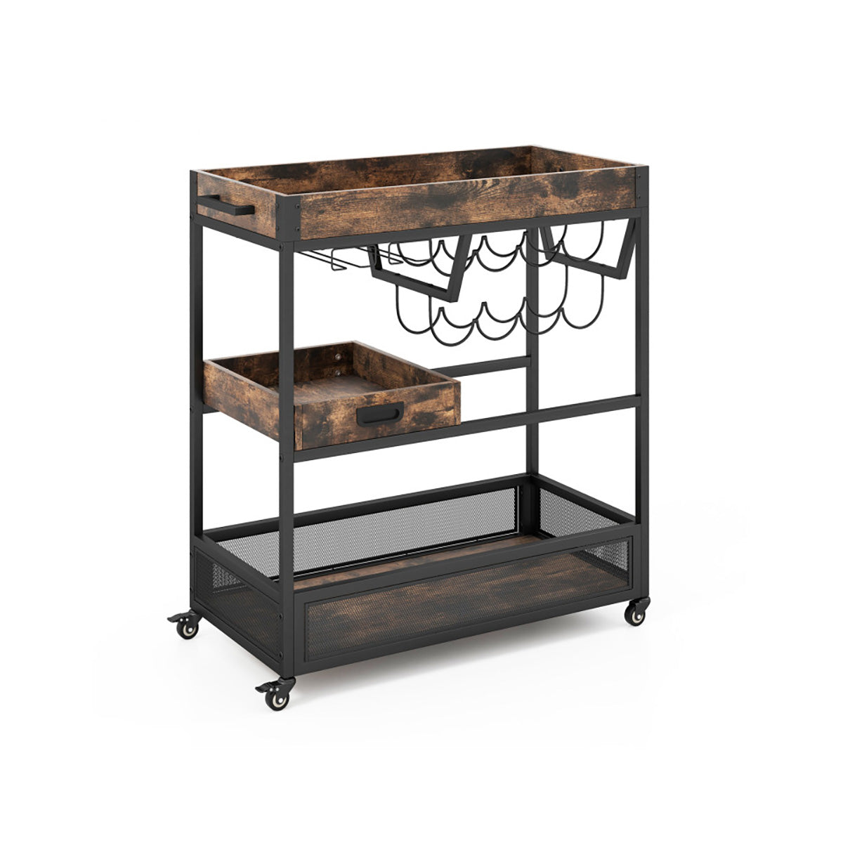 3-Tier Industrial Buffet Serving Cart with Wine Rack