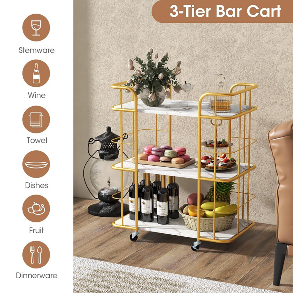 3-Tier Metal Storage Serving Cart Trolley