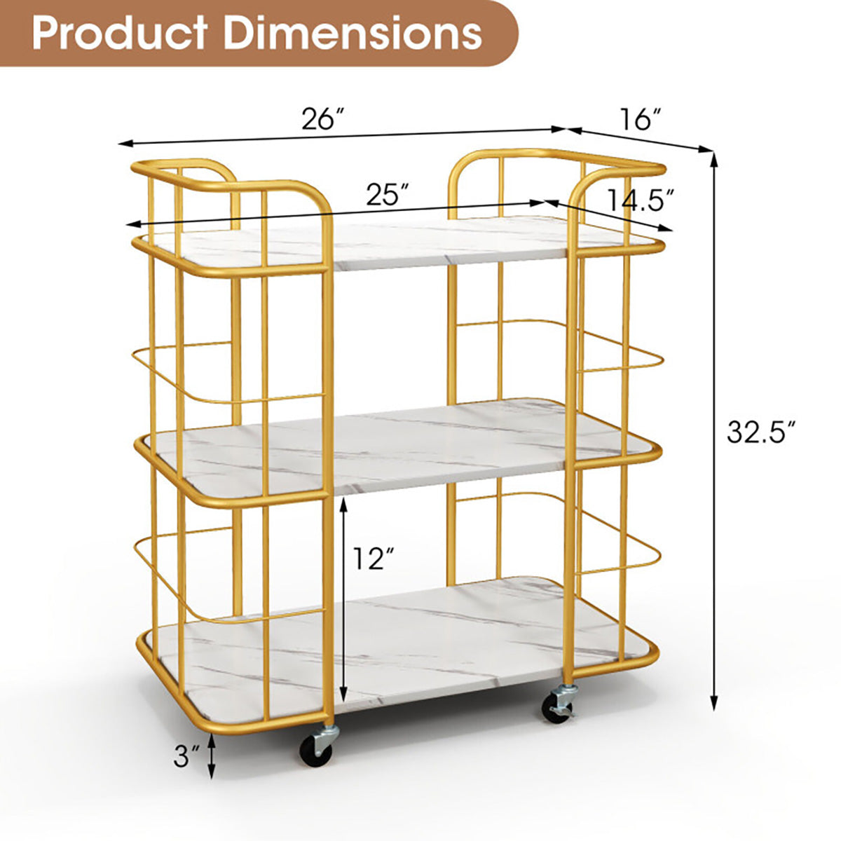 3-Tier Metal Storage Serving Cart Trolley