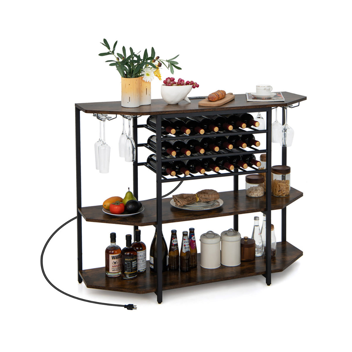3-Tier Wine Bar Cabinet with Storage Shelves