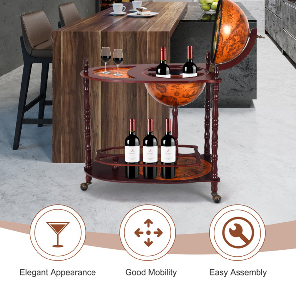 Vintage Globe Bar Cart with Extra Shelf