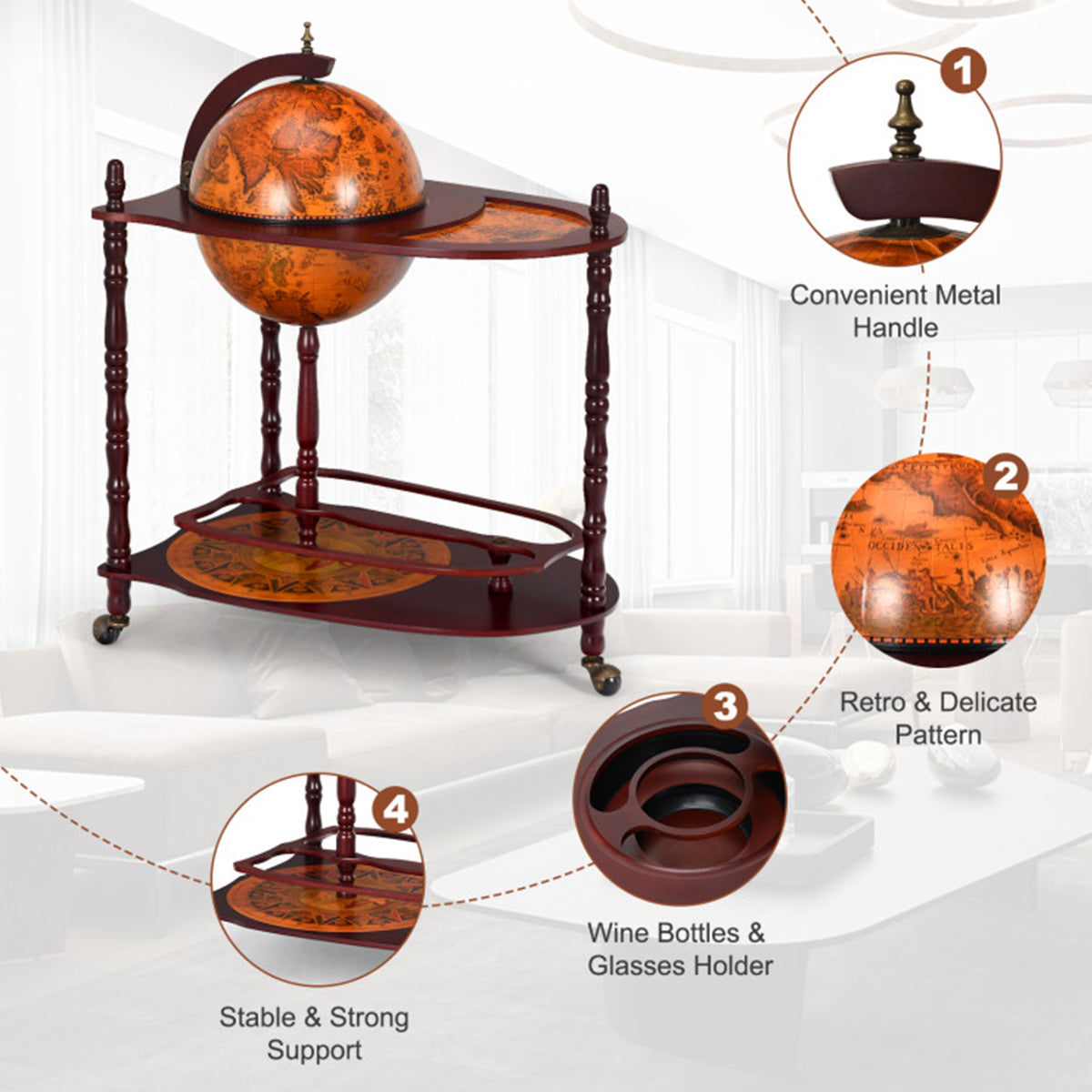 Vintage Globe Bar Cart with Extra Shelf
