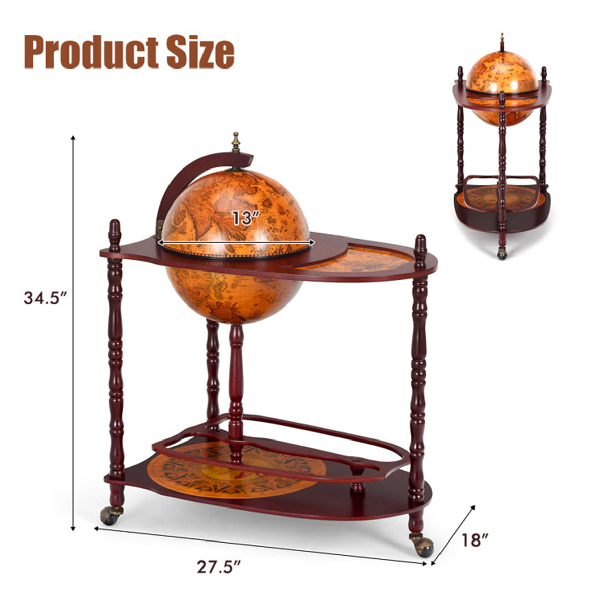 Vintage Globe Bar Cart with Extra Shelf