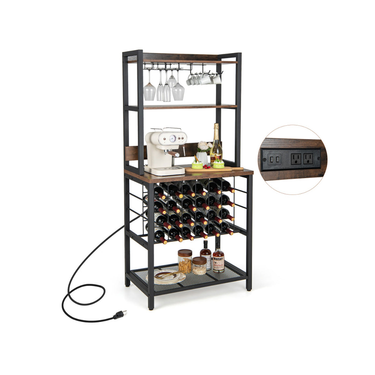 Wine Bar Cabinet with 4 Tier Storage Shelves and Glass Holders