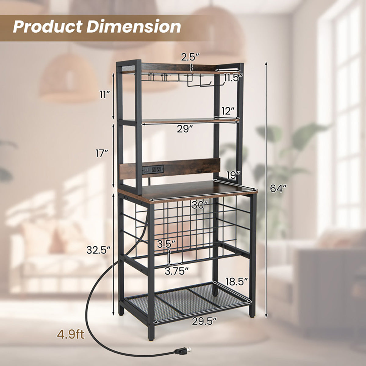 Wine Bar Cabinet with 4 Tier Storage Shelves and Glass Holders
