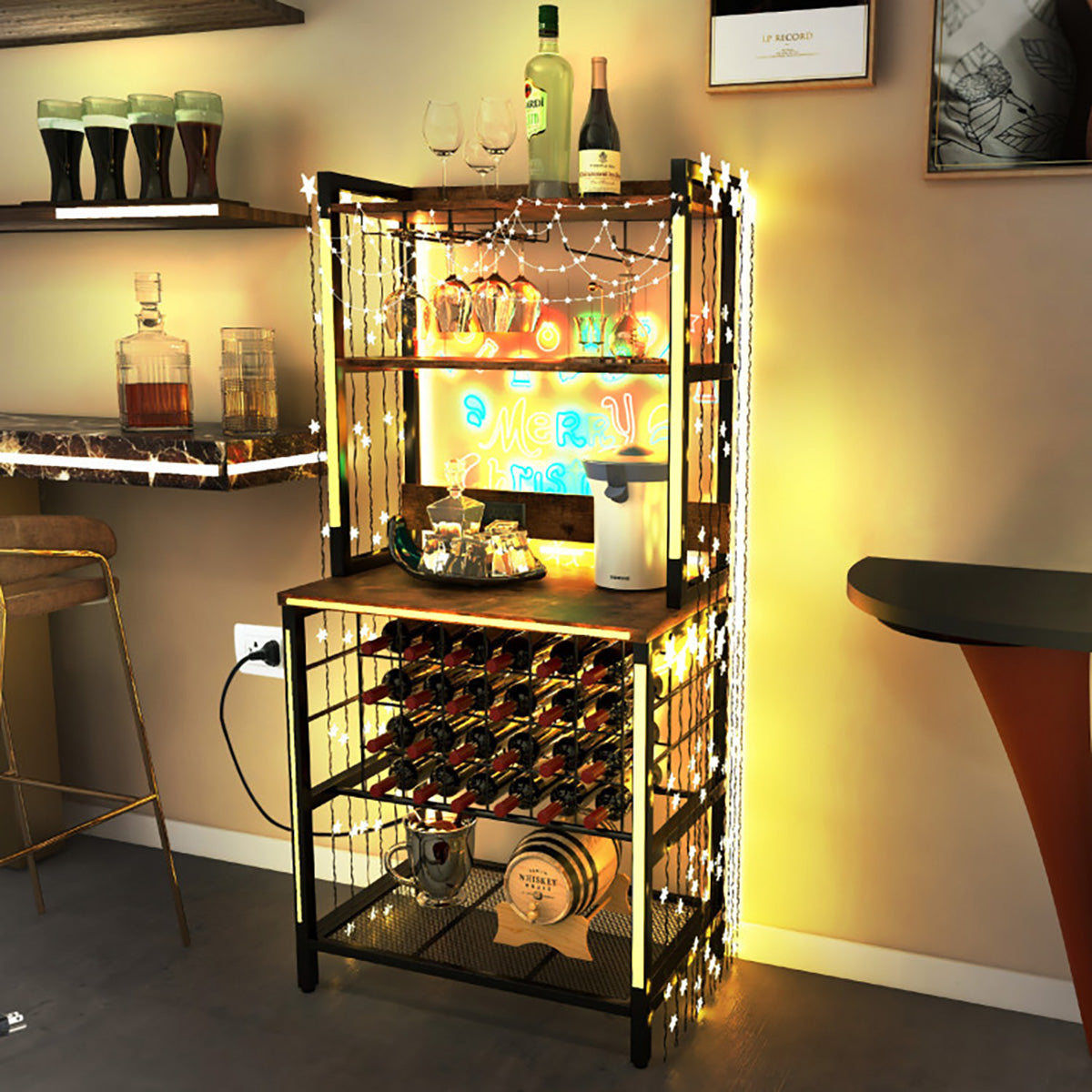 Wine Bar Cabinet with 4 Tier Storage Shelves and Glass Holders