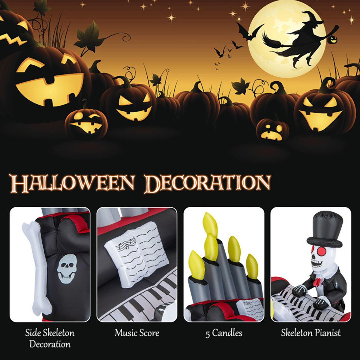 5.2' Inflatable Halloween Skeleton Playing the Piano with Bluetooth Speaker