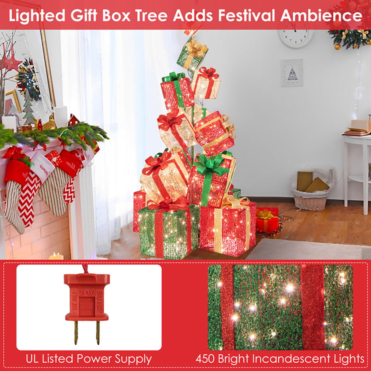 5.6' Pre-Lit Stacked Christmas Gift Box Tower