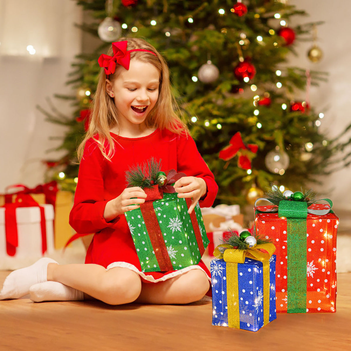 Pre-Lit Multi-Color Christmas Gift Box Decoration (Set of 3)