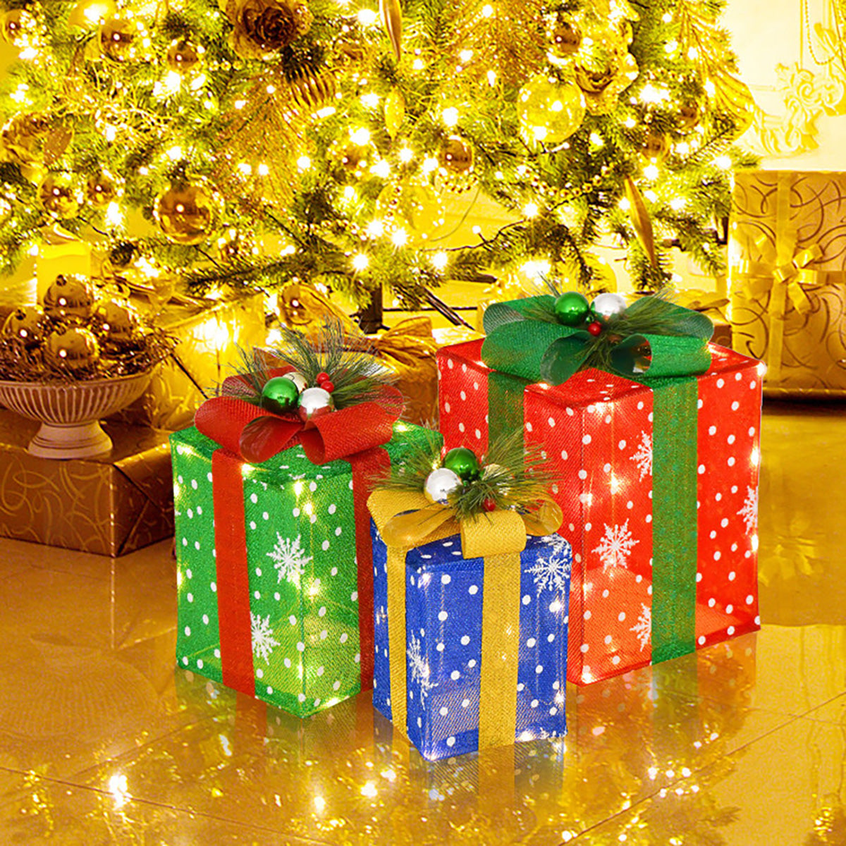 Pre-Lit Multi-Color Christmas Gift Box Decoration (Set of 3)