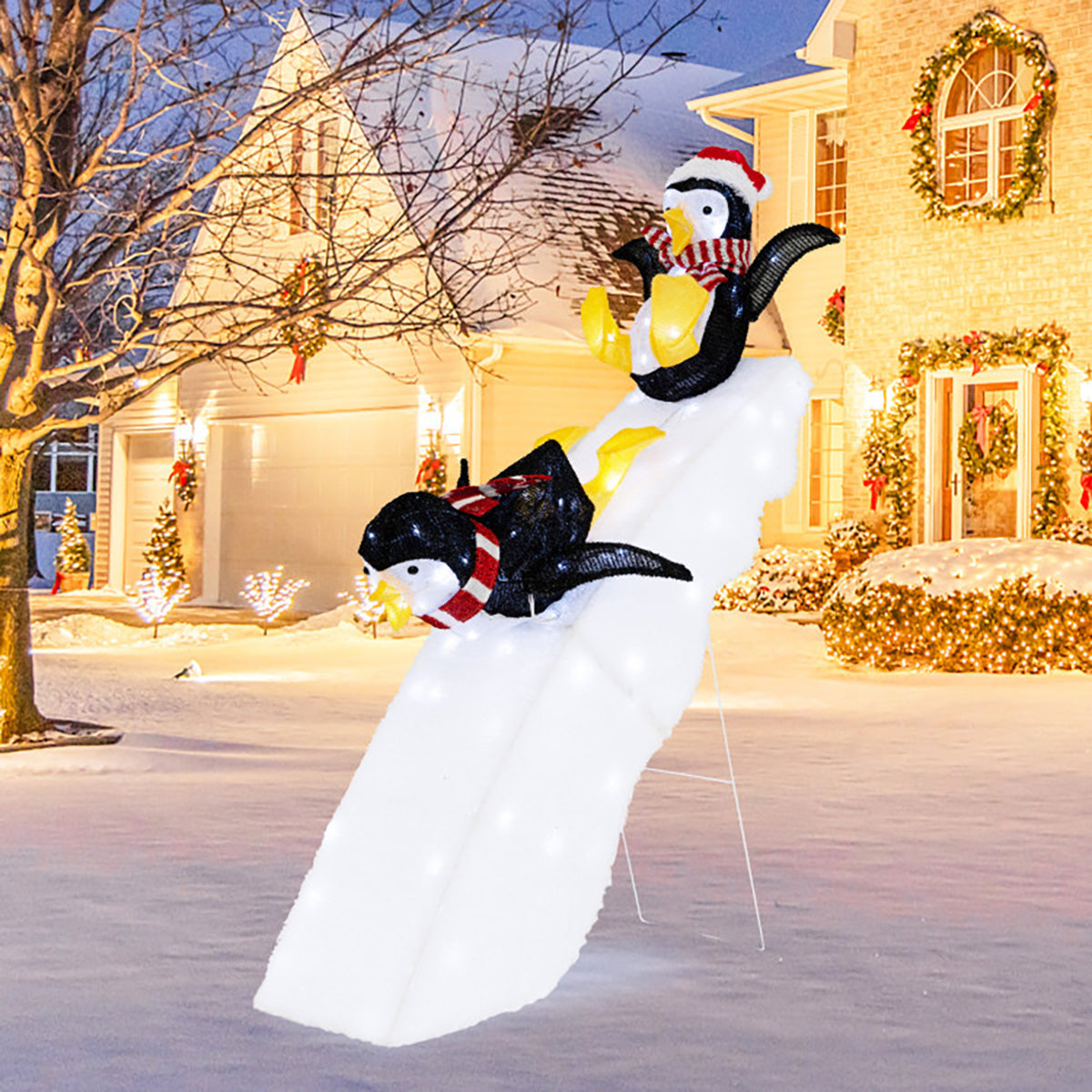 4' Pre-Lit Christmas Penguin Ice Skating Decor with Snowy Slide