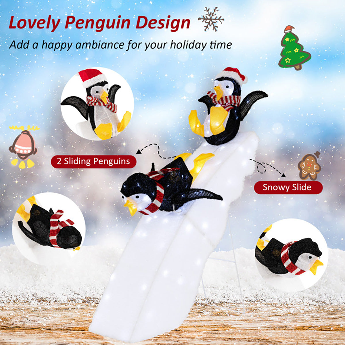 4' Pre-Lit Christmas Penguin Ice Skating Decor with Snowy Slide