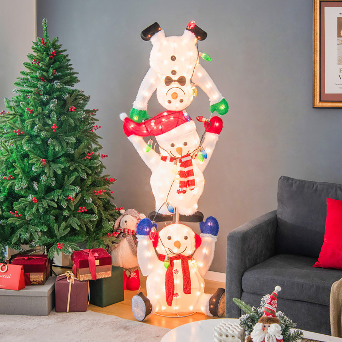 5.6' Pre-Lit Lighted Stacked Snowmen Decoration
