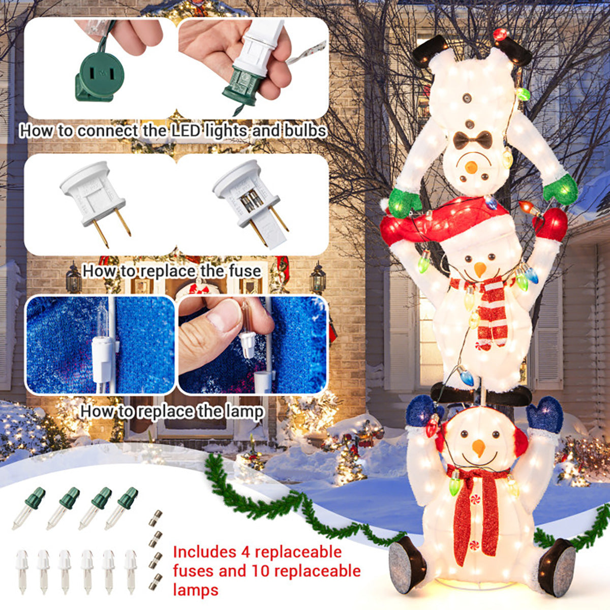 5.6' Pre-Lit Lighted Stacked Snowmen Decoration