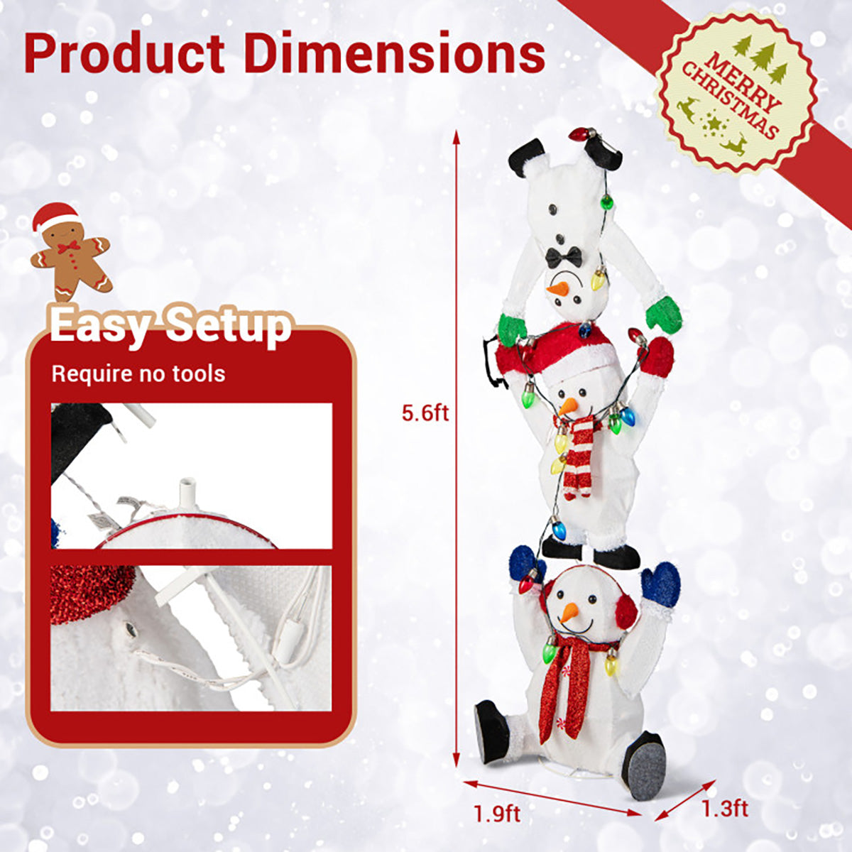5.6' Pre-Lit Lighted Stacked Snowmen Decoration