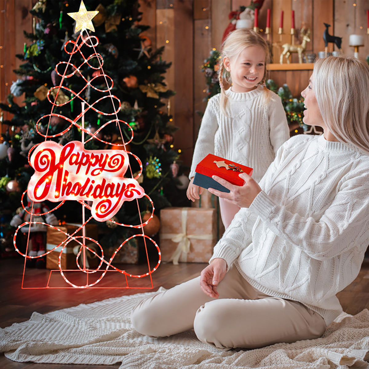 5.6' Pre-Lit Happy Holidays Christmas Tree Decoration