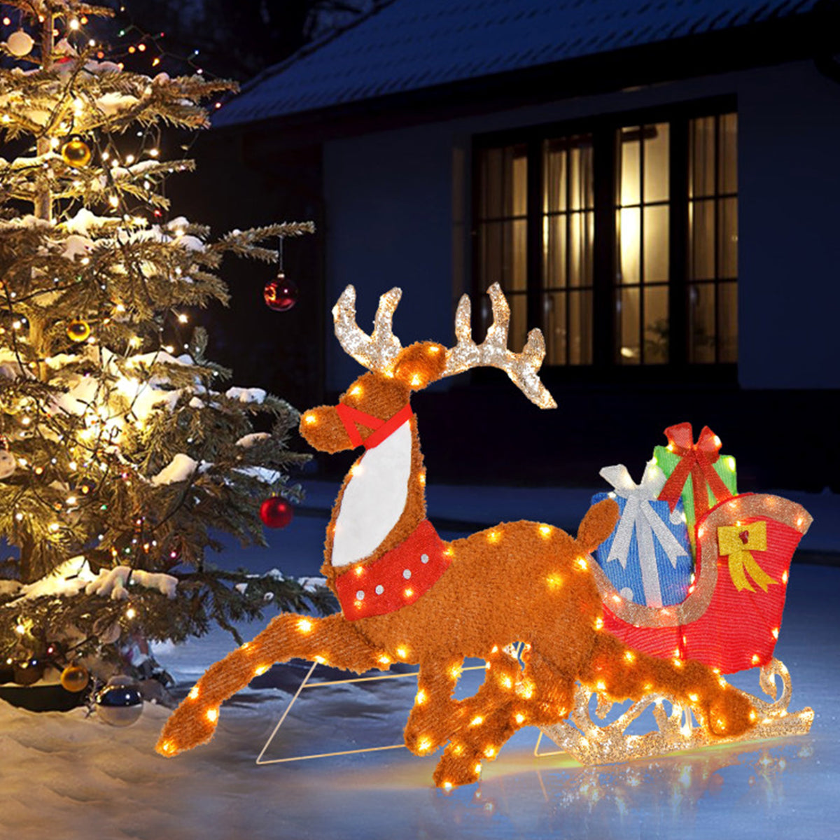 2D Pre-Lit Christmas Reindeer and Sleigh Decoration