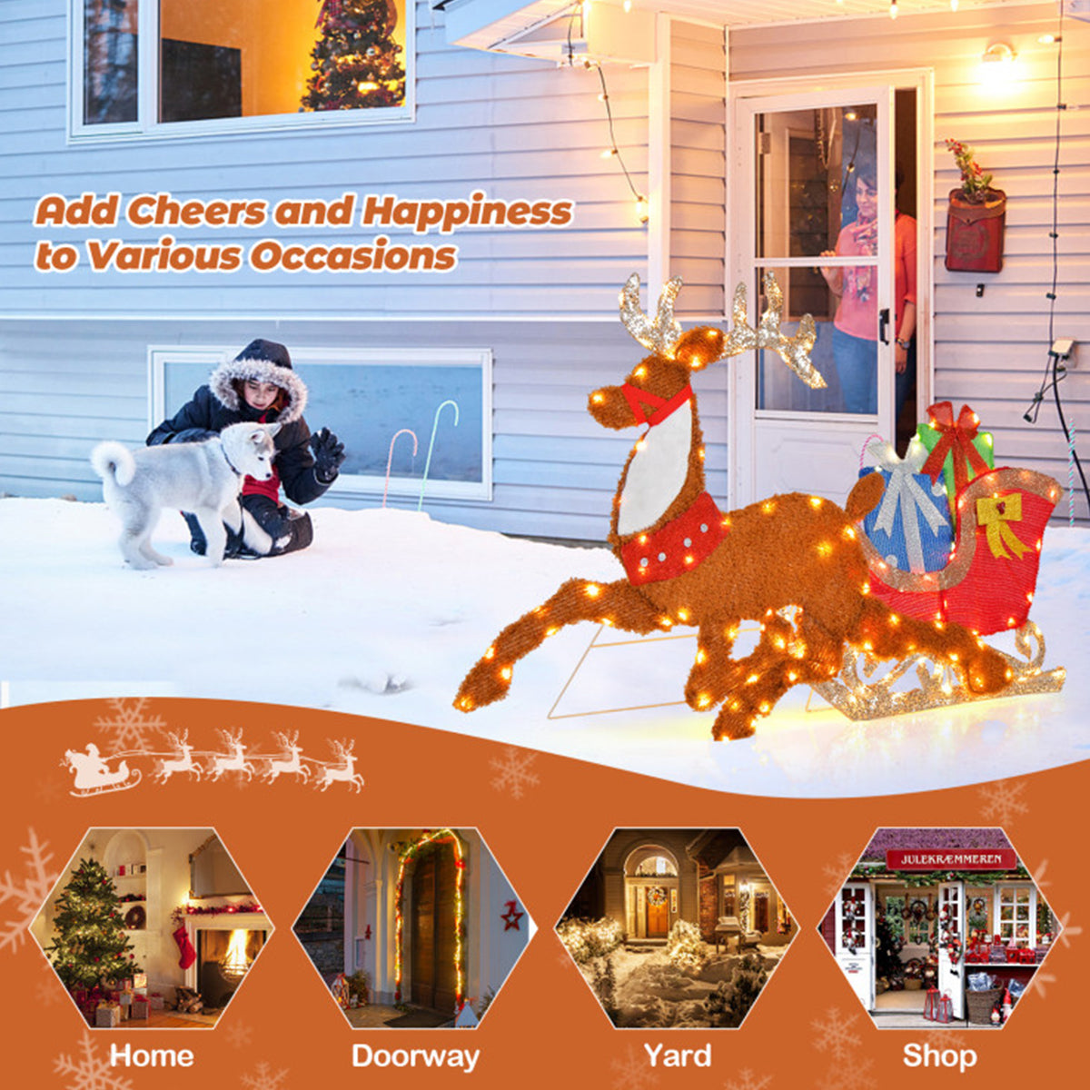 2D Pre-Lit Christmas Reindeer and Sleigh Decoration