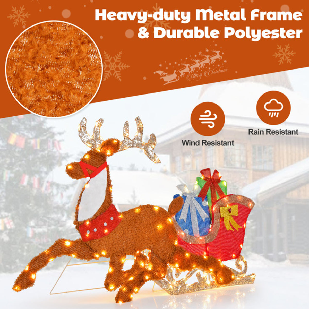2D Pre-Lit Christmas Reindeer and Sleigh Decoration