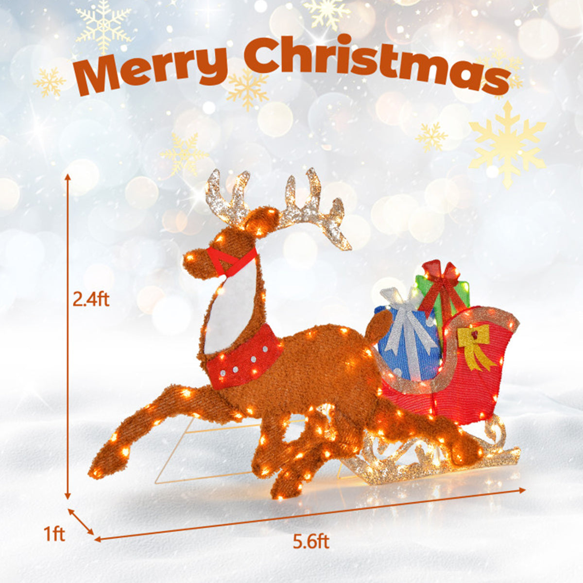 2D Pre-Lit Christmas Reindeer and Sleigh Decoration