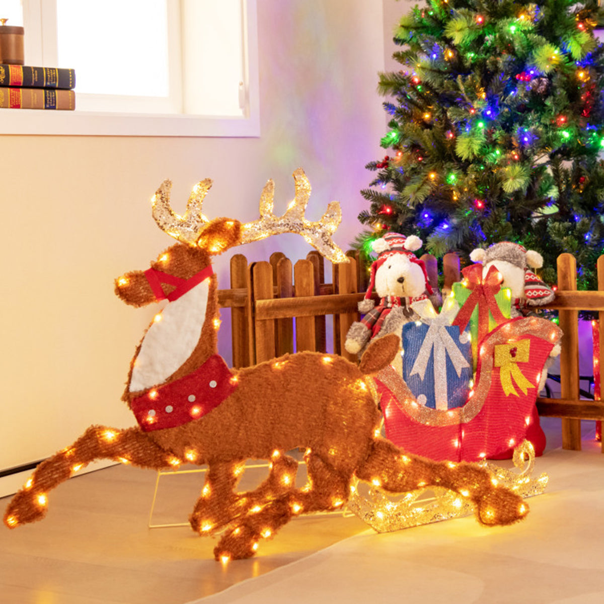 2D Pre-Lit Christmas Reindeer and Sleigh Decoration