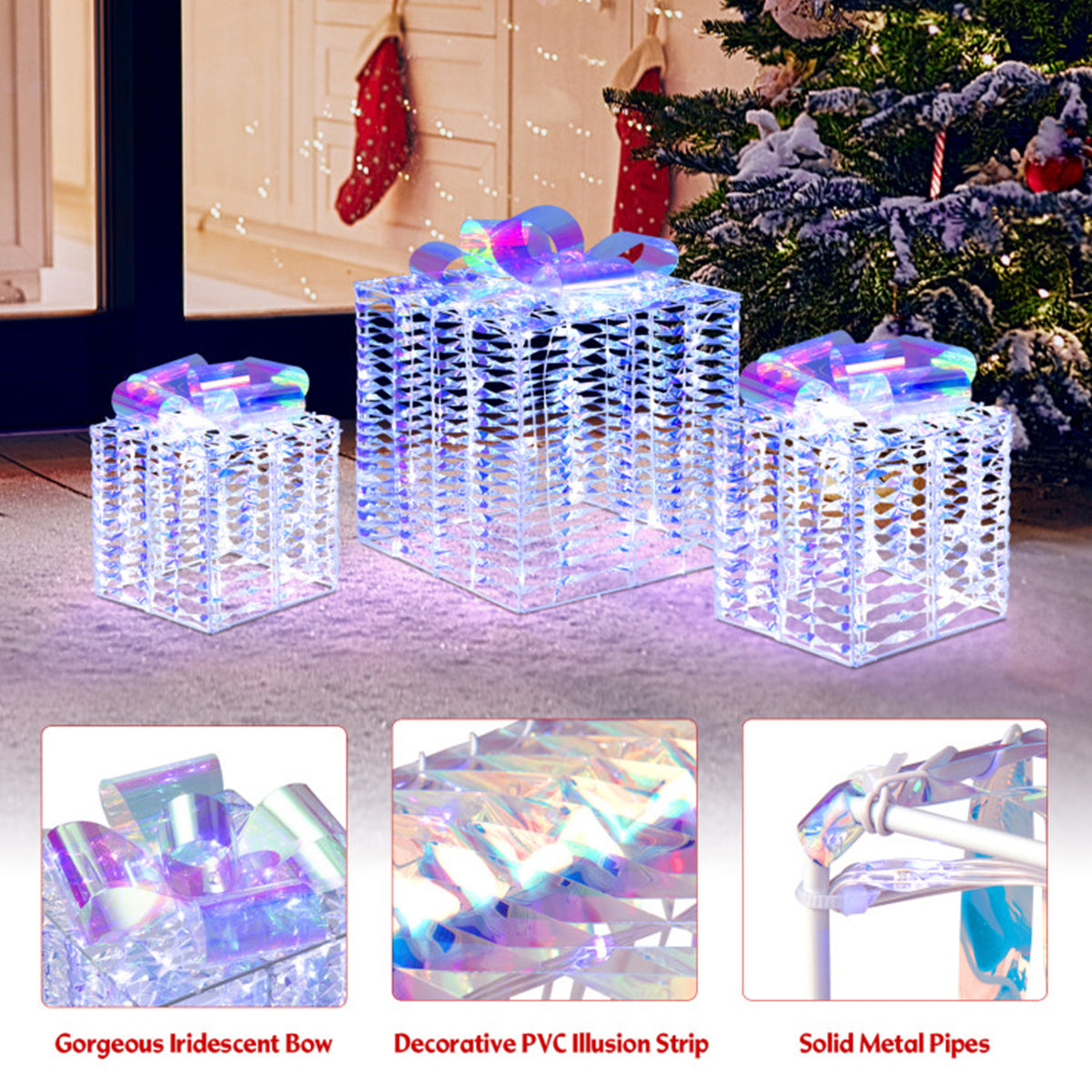 Iridescent Pre-Lit Christmas Gift Box Decoration (Set of 3)