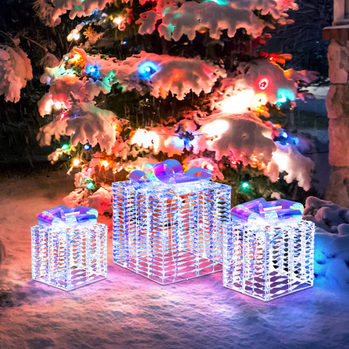 Iridescent Pre-Lit Christmas Gift Box Decoration (Set of 3)