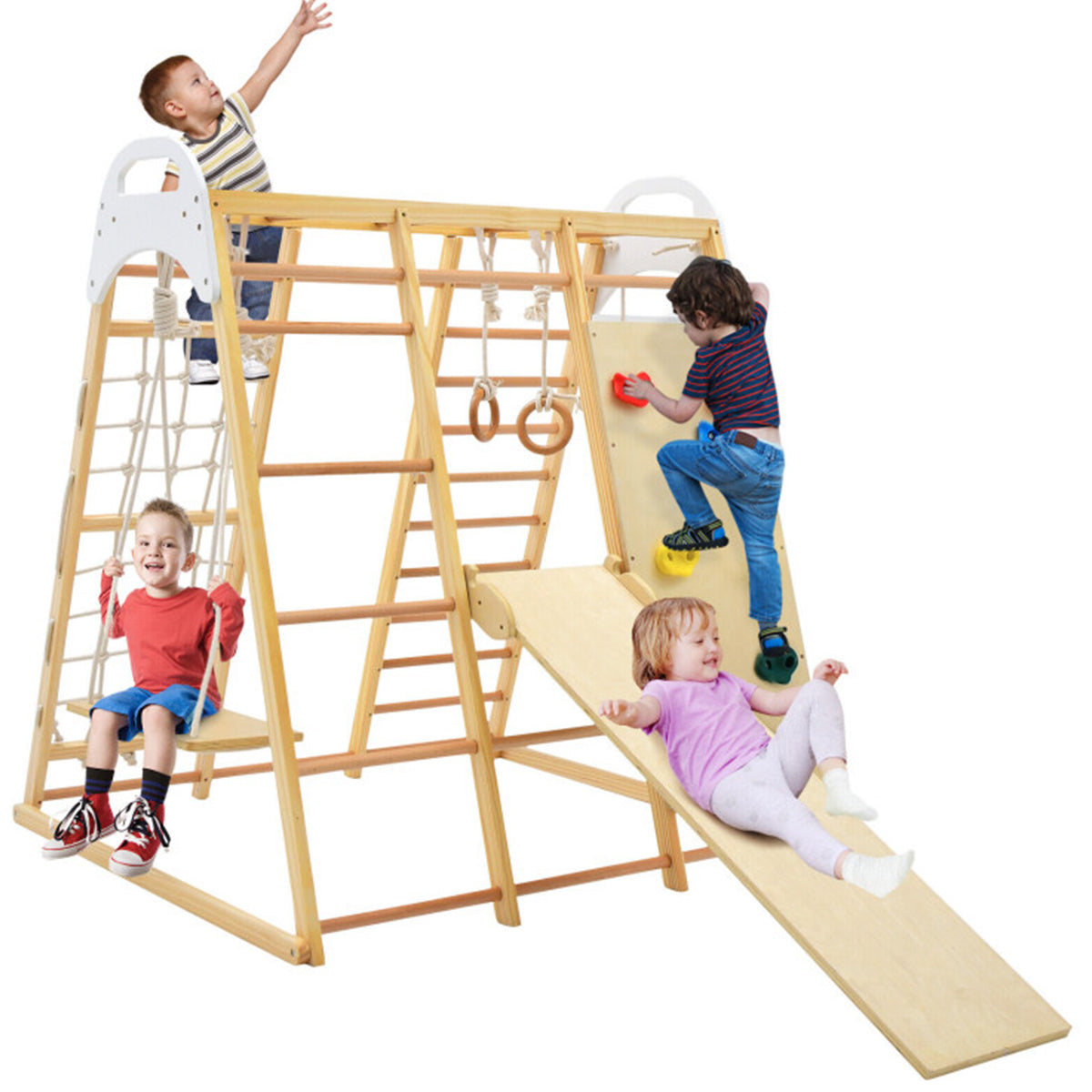 8-in-1 Wooden Jungle Gym Playset with Slide and Monkey Bars