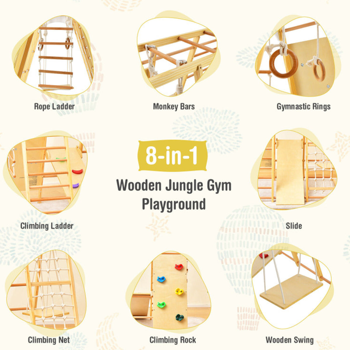 8-in-1 Wooden Jungle Gym Playset with Slide and Monkey Bars