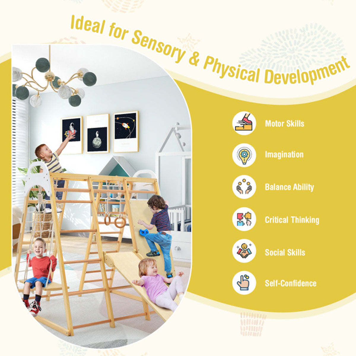 8-in-1 Wooden Jungle Gym Playset with Slide and Monkey Bars