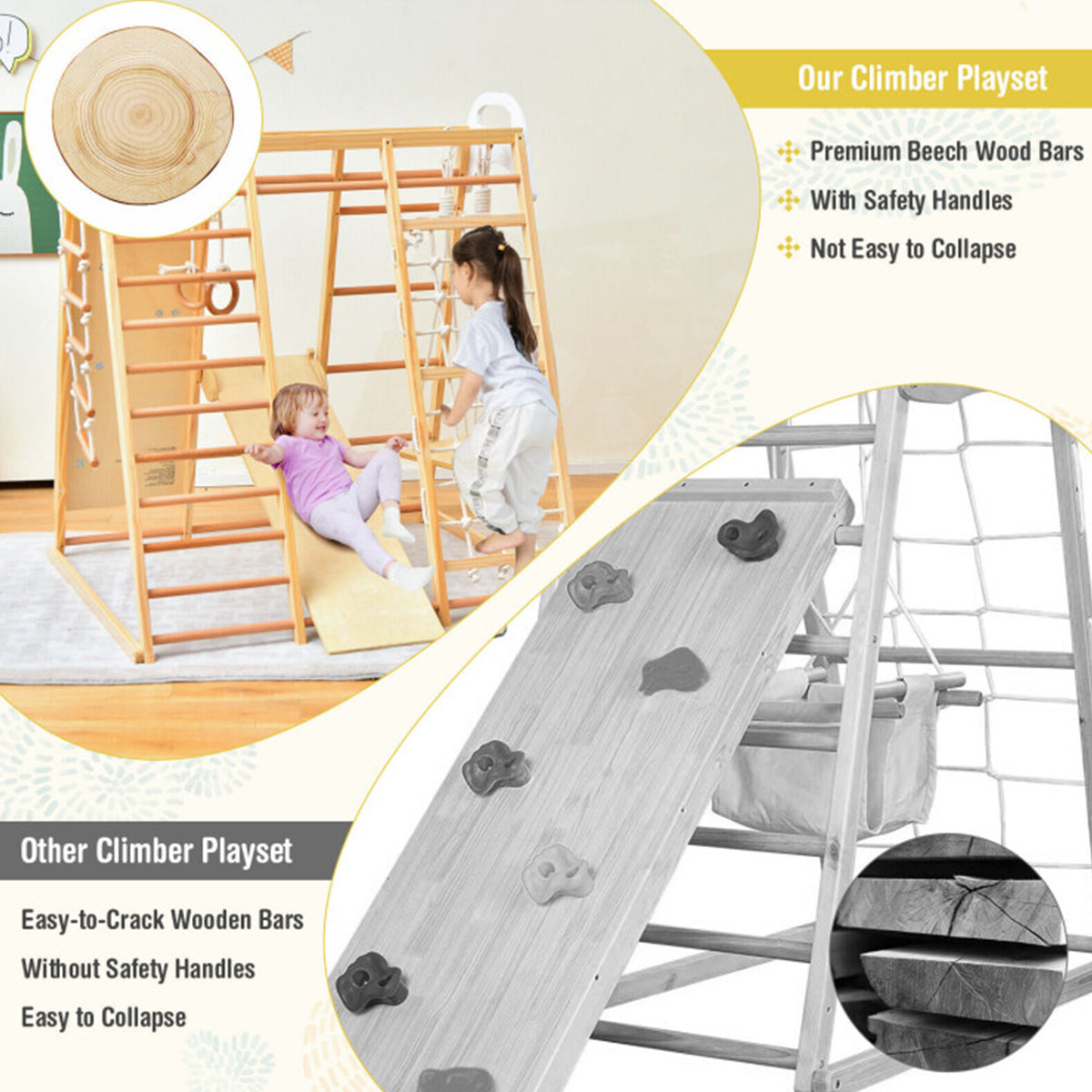8-in-1 Wooden Jungle Gym Playset with Slide and Monkey Bars