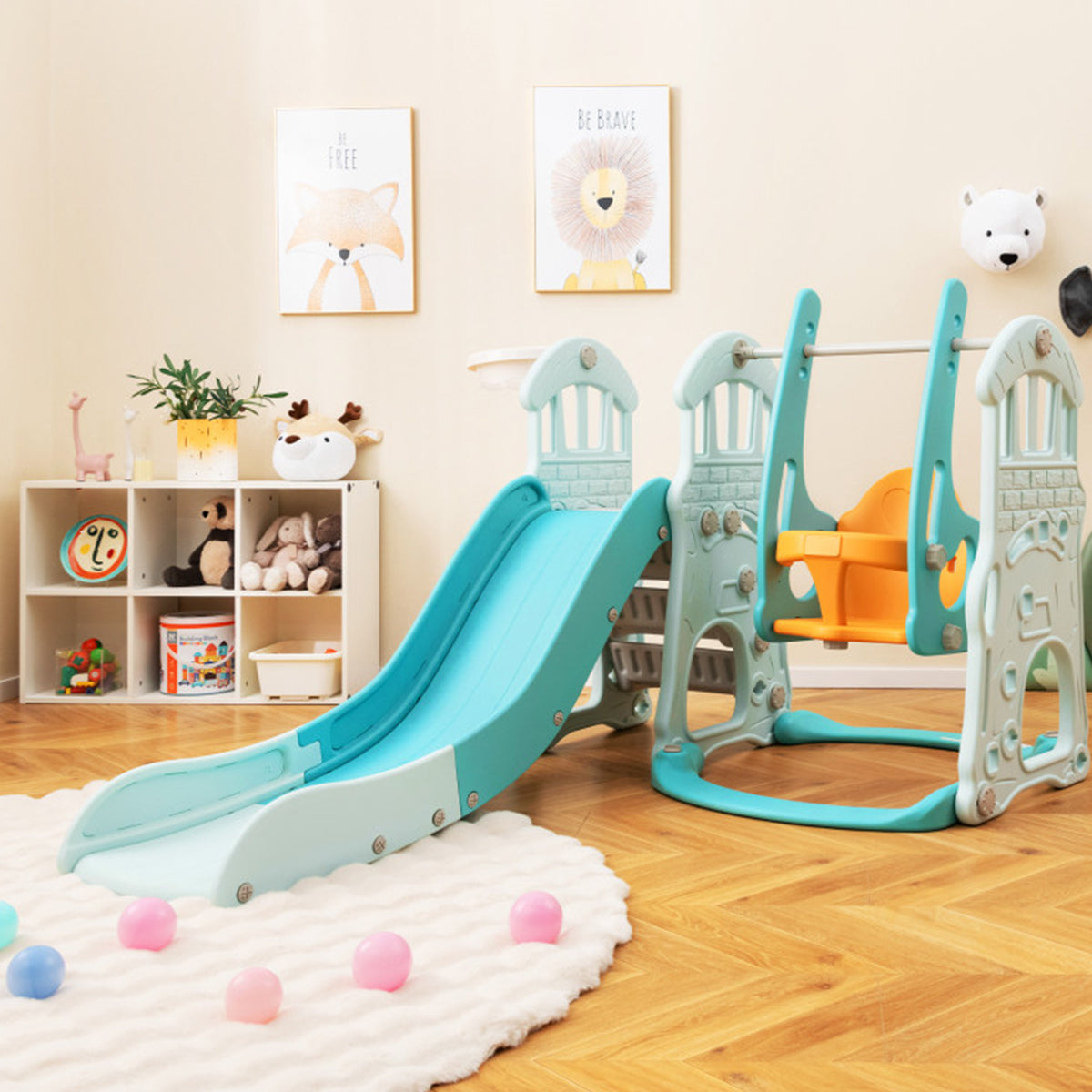 3-in-1 Toddler Slide and Swing Set with Basketball Hoop
