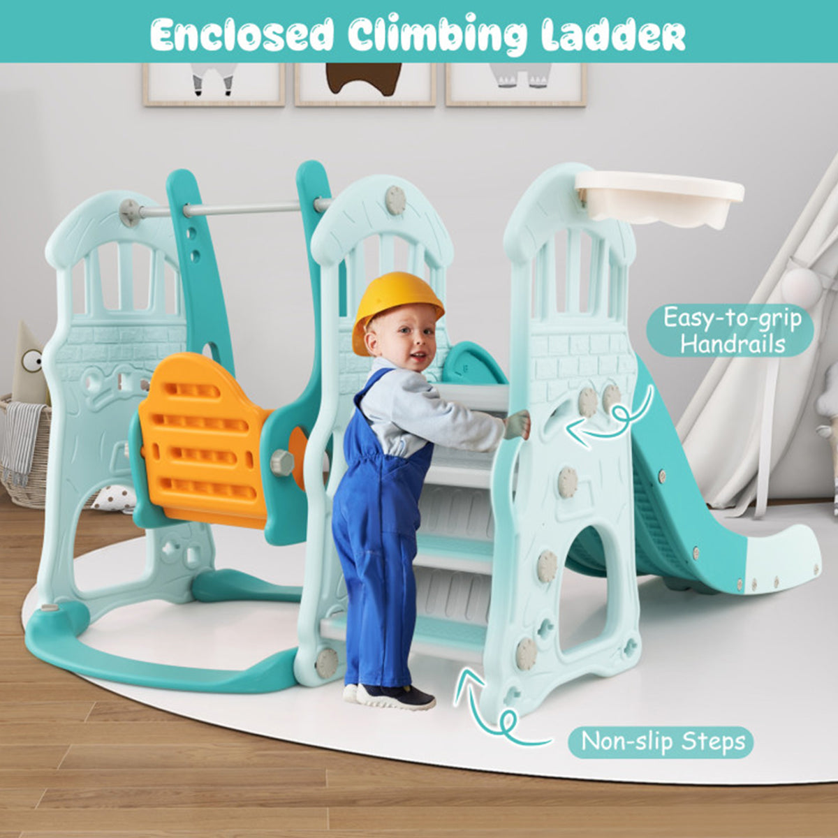 3-in-1 Toddler Slide and Swing Set with Basketball Hoop