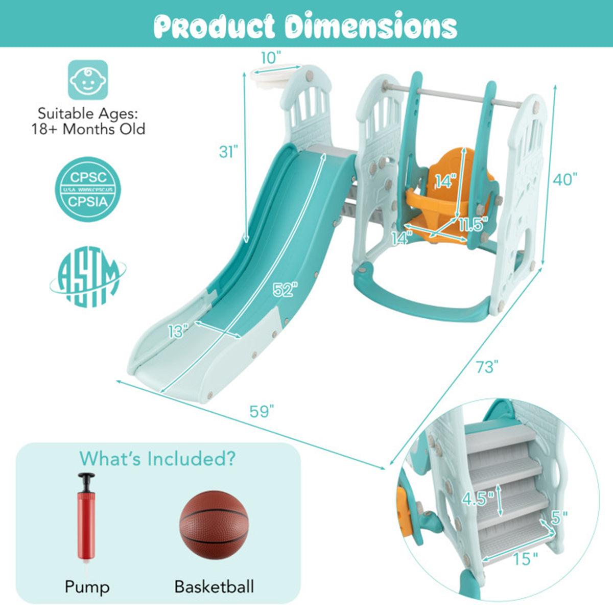 3-in-1 Toddler Slide and Swing Set with Basketball Hoop