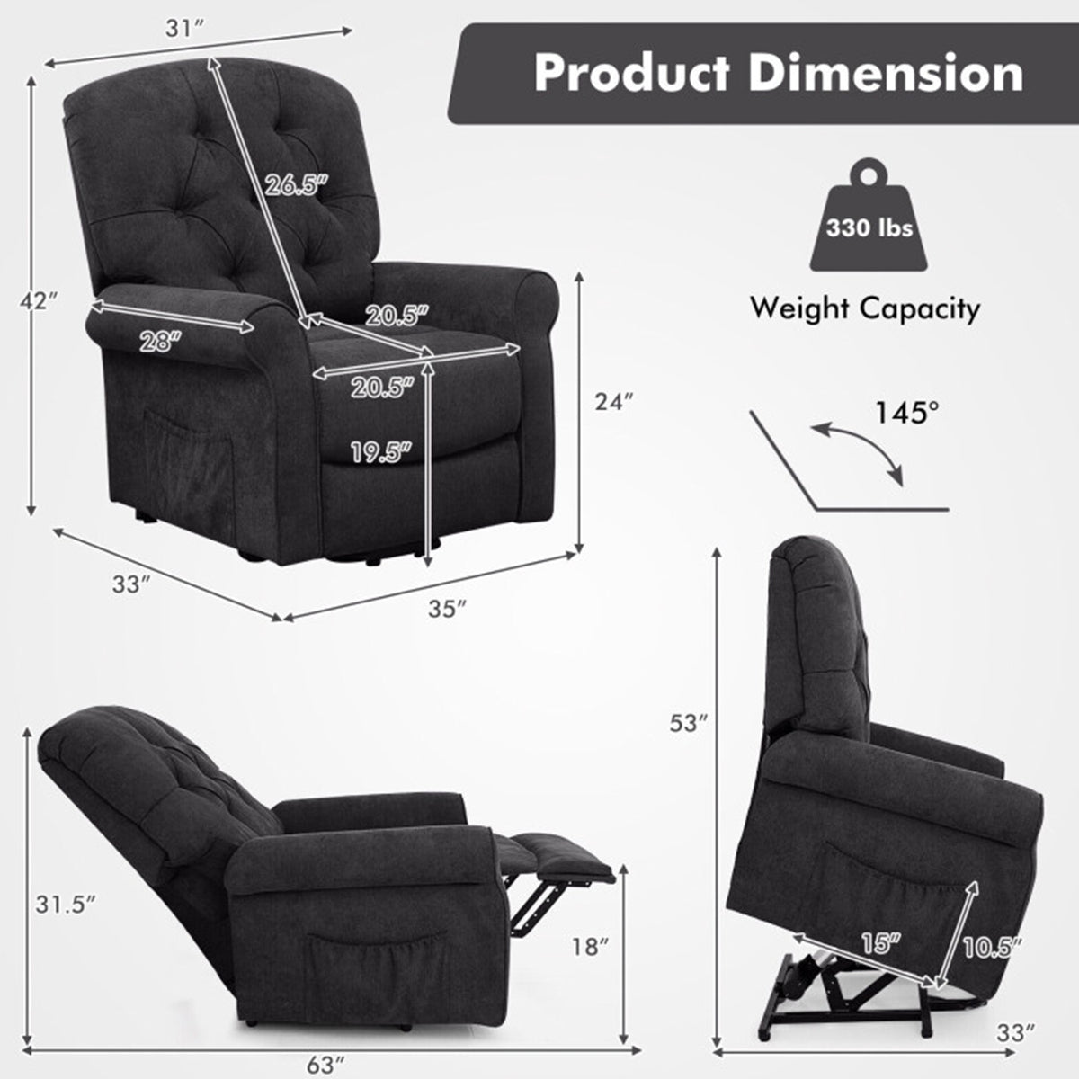 Electric Power Lift Recliner with Adjustable Backrest and Footrest